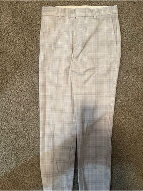 Men's Plaid Dress Pants in Light Beige, White, blue, and Purple